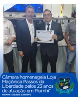 Câmara homenageia Loja Maçônica Passos da Liberdade pelos 23 anos de atuação em Piumhi 