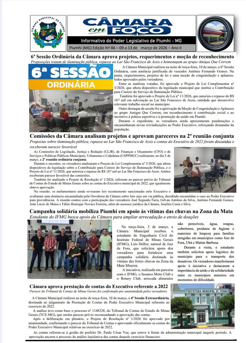 CÂMARA IN FOCO Nº 86 DESTACA ATIVIDADES DO LEGISLATIVO PIUMHIENSE