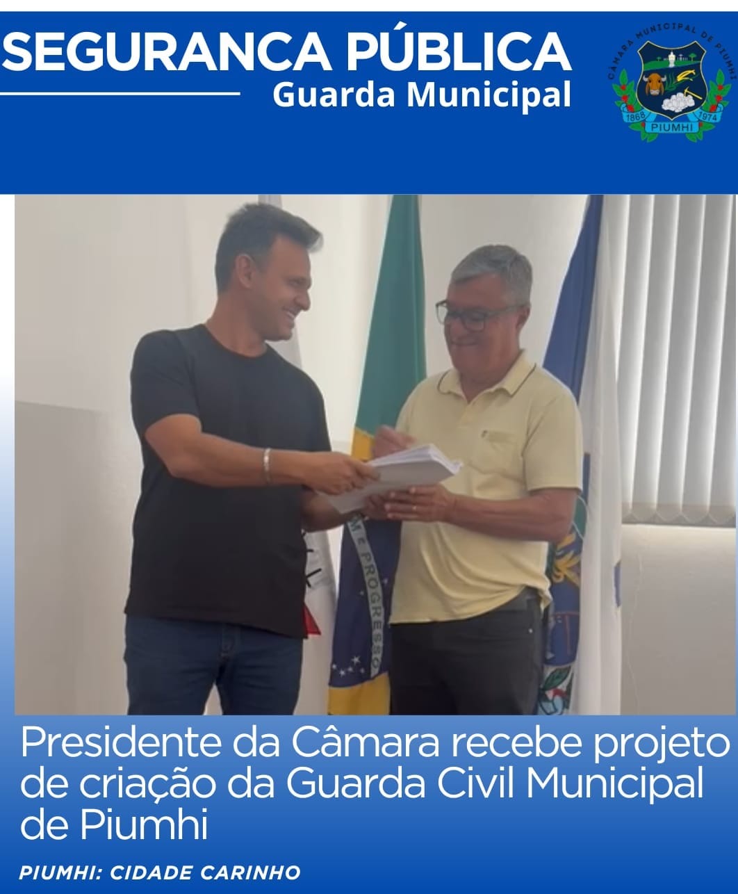 PRESIDENTE DA CÂMARA RECEBE PROJETO DE CRIAÇÃO DA GUARDA CIVIL MUNICIPAL DE PIUMHI